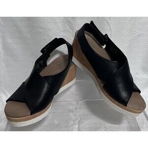 Clarks Cammy Pearl Leather Cross Strap Wedge Sandal Womens 7.5 Black